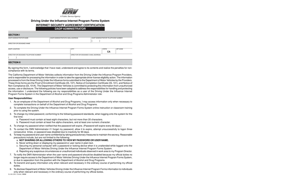 Form DL952 Internet Security Agreement Certification - Dadp Administrator - California, Page 1