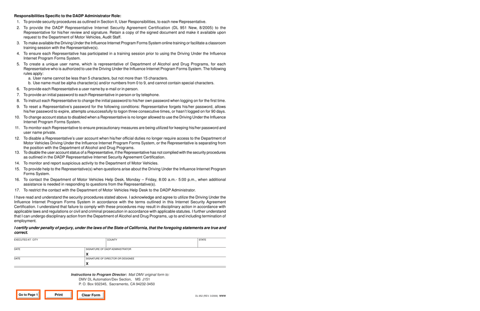Form DL952 Internet Security Agreement Certification - Dadp Administrator - California, Page 2