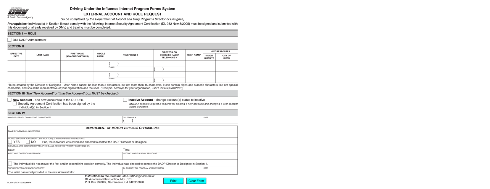 Form DL950 External Account and Role Request - California