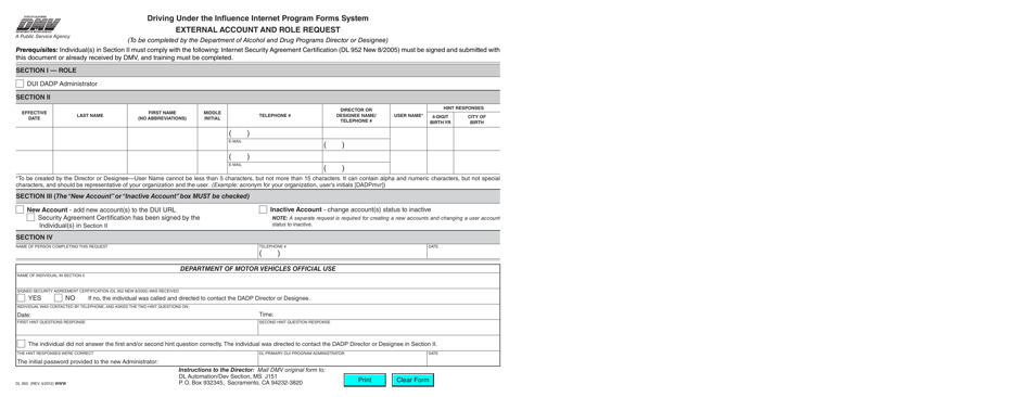 Form DL950 External Account and Role Request - California, Page 1