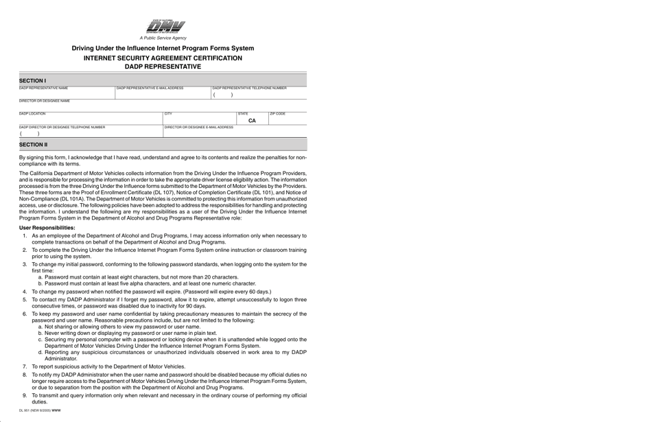 Form DL951 Internet Security Agreement Certification - Dadp Representative - California, Page 1