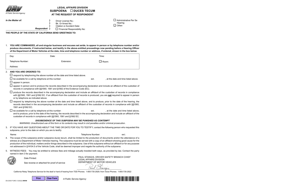 Form DS2000 P Subpoena Duces Tecum at the Request of Respondent - California, Page 1