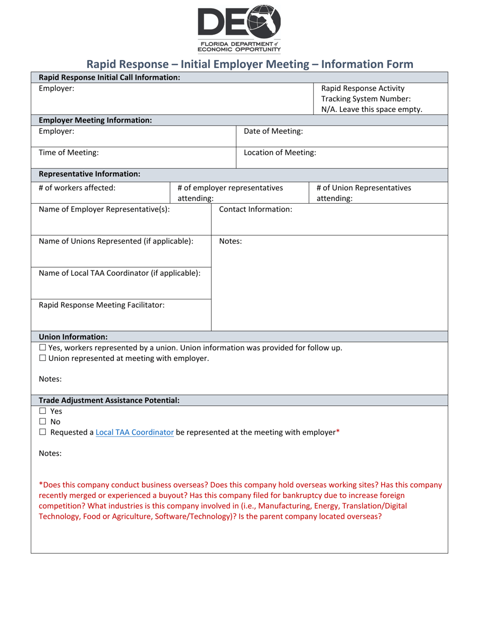 Florida Rapid Response - Employer Research & Initial Contact Form 