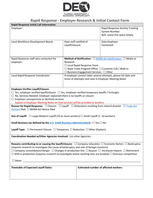 Rapid Response - Employer Research & Initial Contact Form - Florida Download Pdf
