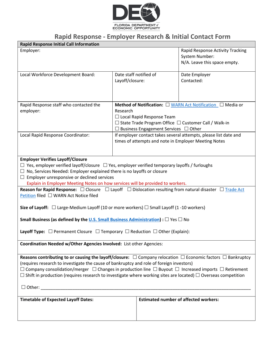 Florida Rapid Response - Employer Research & Initial Contact Form 