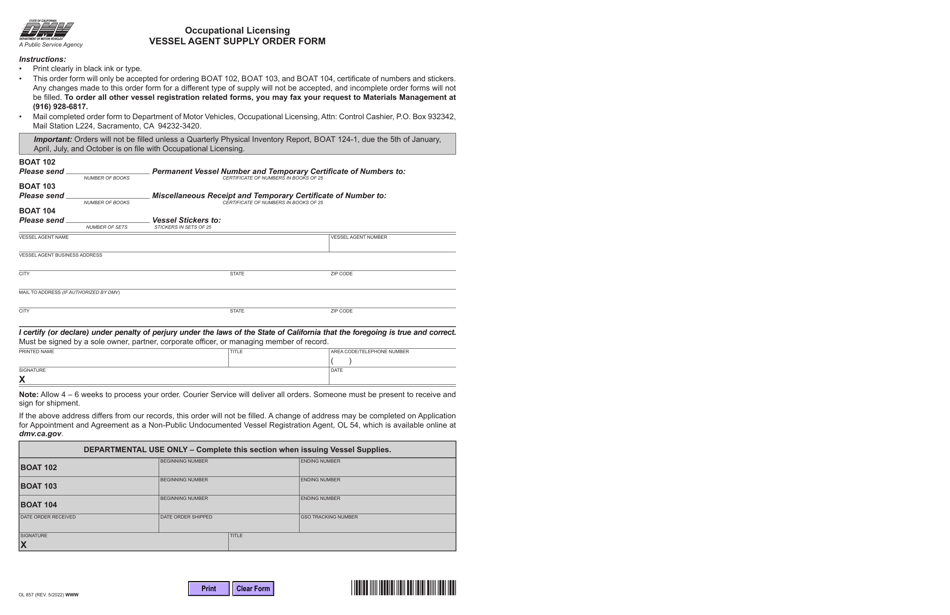 Form OL857 Occupational Licensing Vessel Agent Supply Order Form - California, Page 1