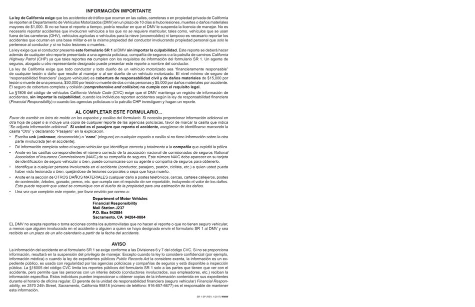 Formulario SR1SP Reporte De Accidente De Trafico Ocurrido En California - California (Spanish), Page 3