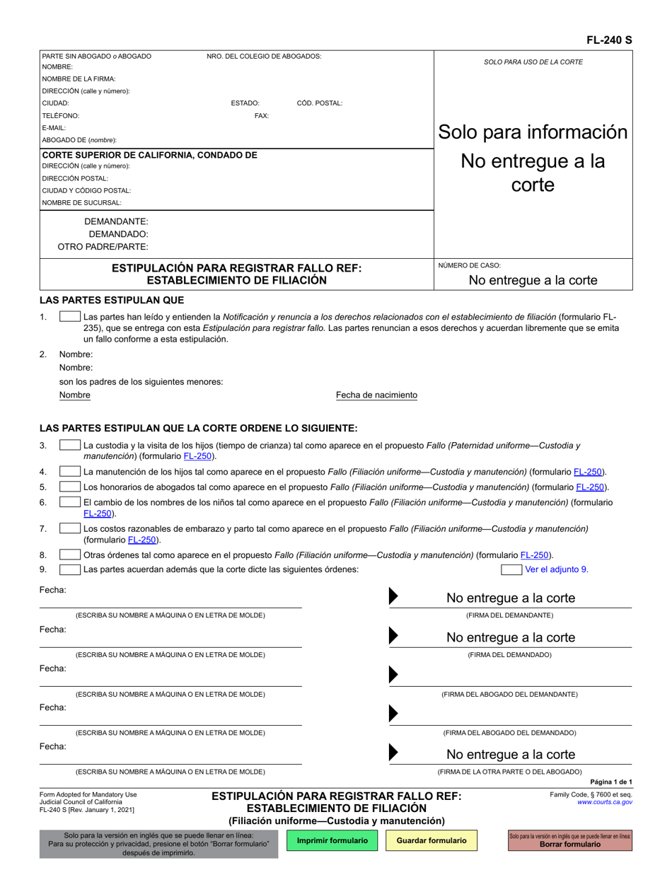 Formulario FL-240 Estipulacion Para Registrar Fallo Ref: Establecimiento De Filiacion - California (Spanish), Page 1