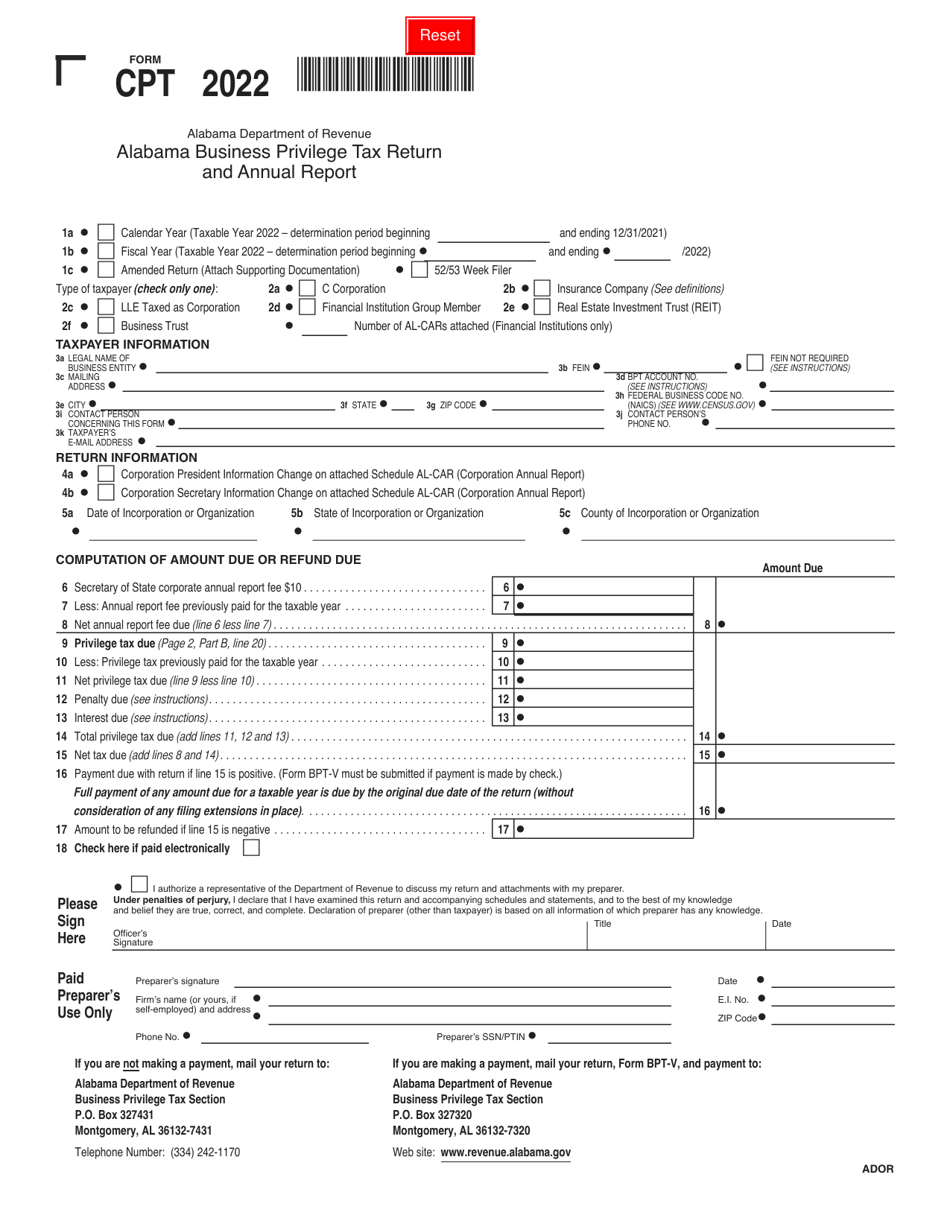 Form CPT Alabama Business Privilege Tax Return and Annual Report - Alabama, Page 1