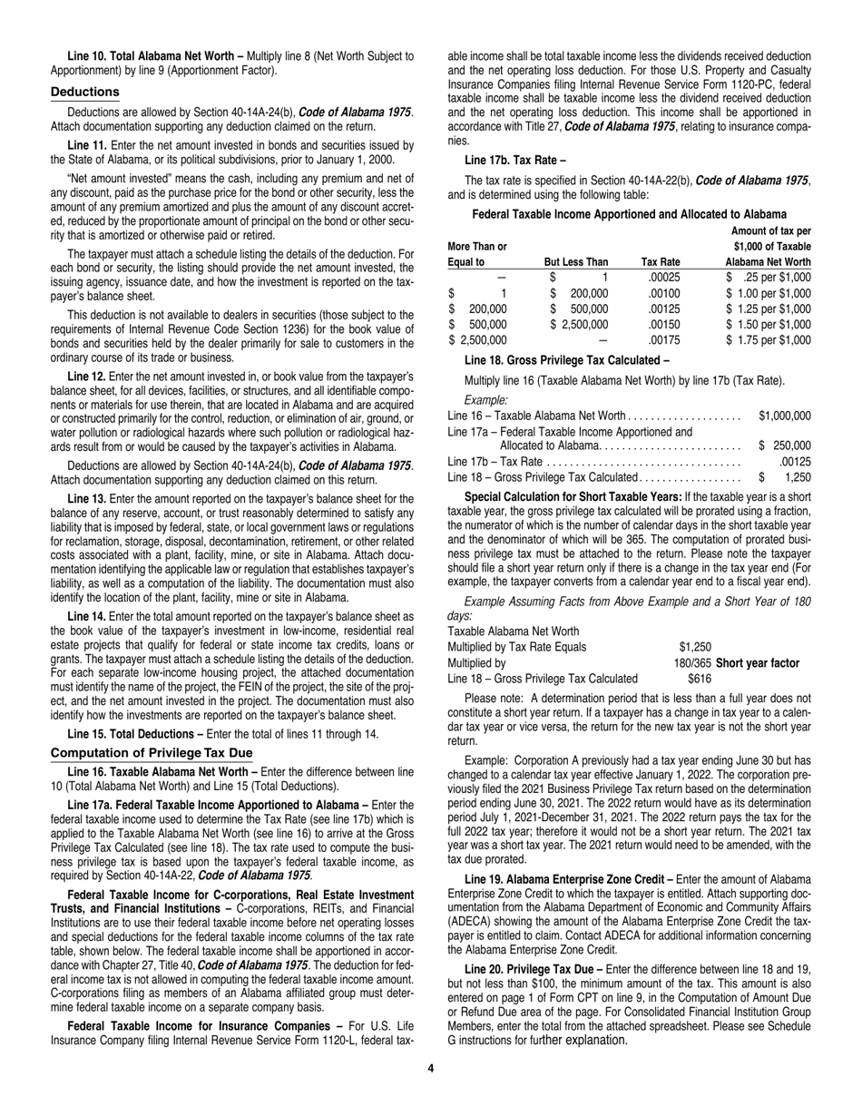 Download Instructions for Form CPT Alabama Business Privilege Tax