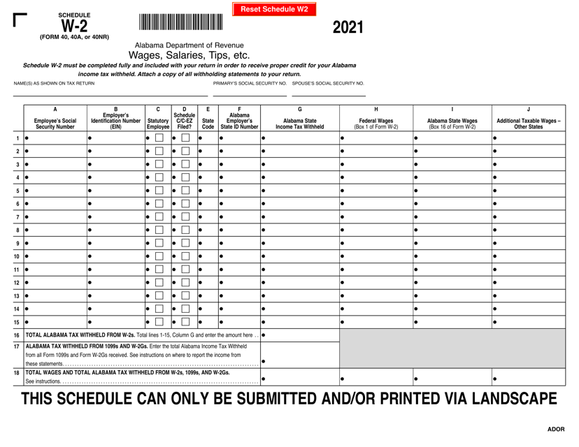 Form 40 (40A; 40NR) Schedule W-2 2021 Printable Pdf