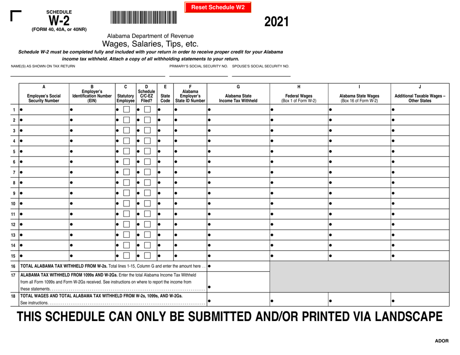 Form 40 (40A; 40NR) Schedule W-2 Wages, Salaries, Tips, Etc. - Alabama, Page 1