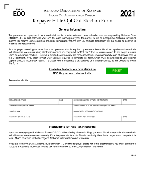 Form EOO Taxpayer E-File Opt out Election Form - Alabama, 2021