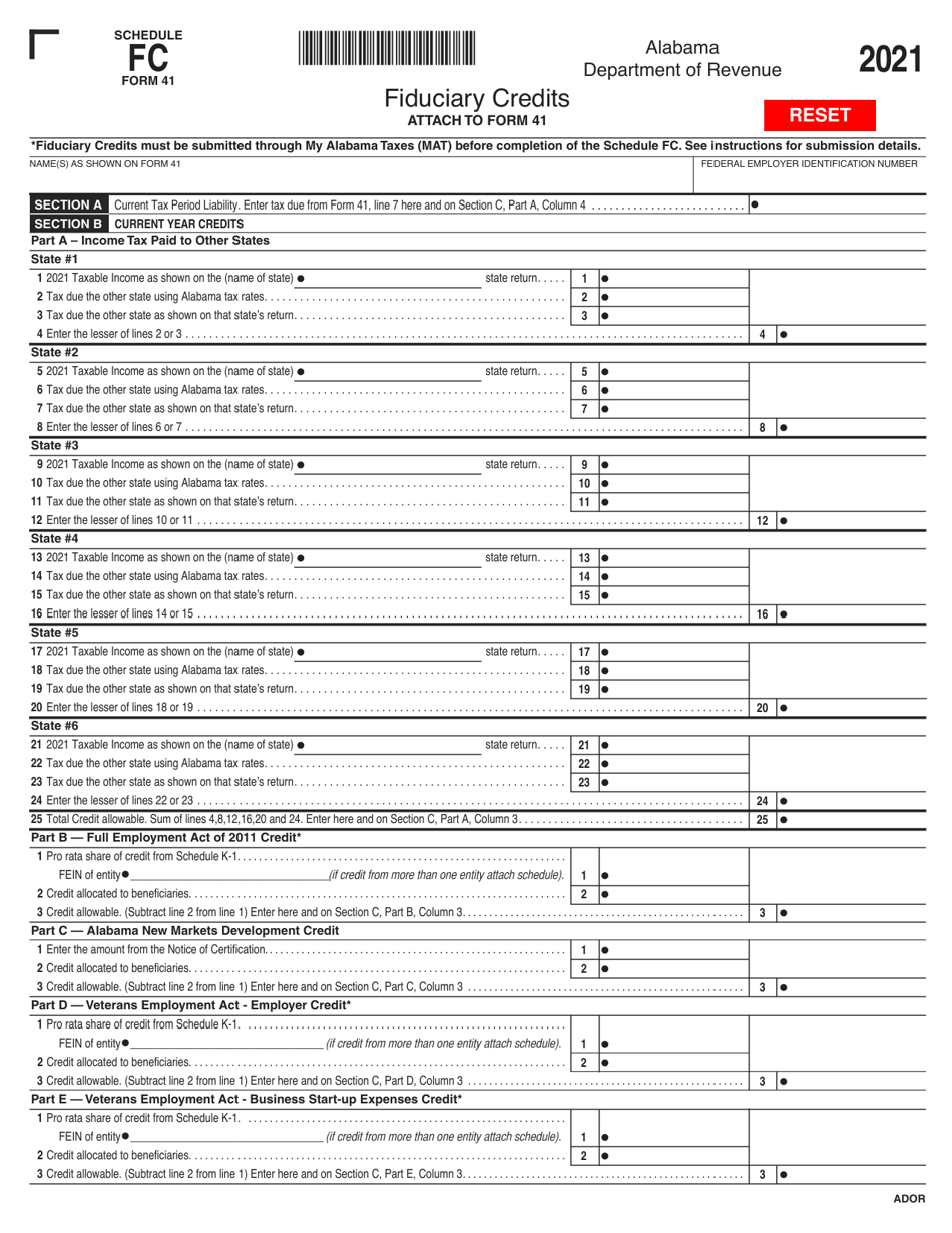 Form 41 Schedule FC Fiduciary Credits - Alabama, Page 1