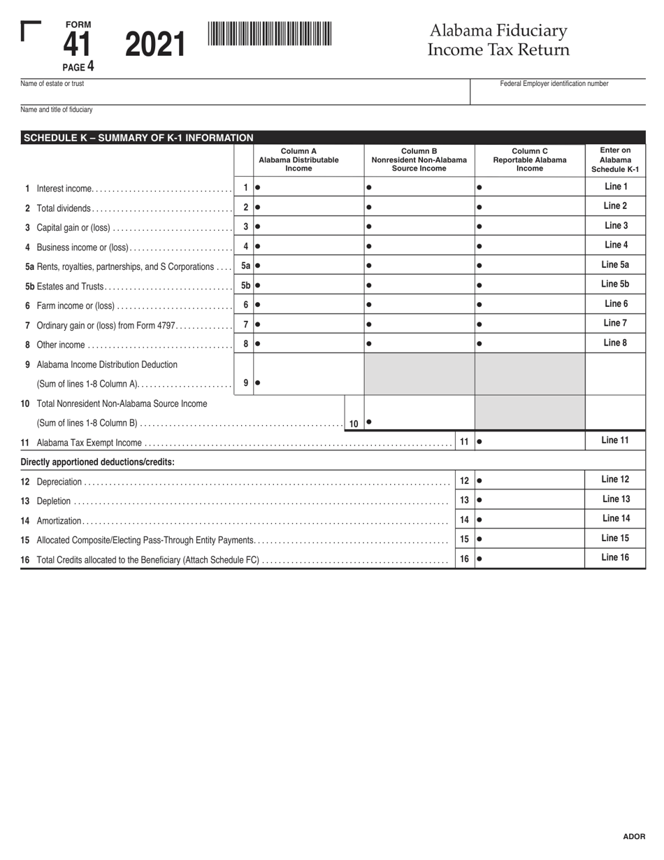 Form 41 Fiduciary Income Tax Return - Alabama, Page 4