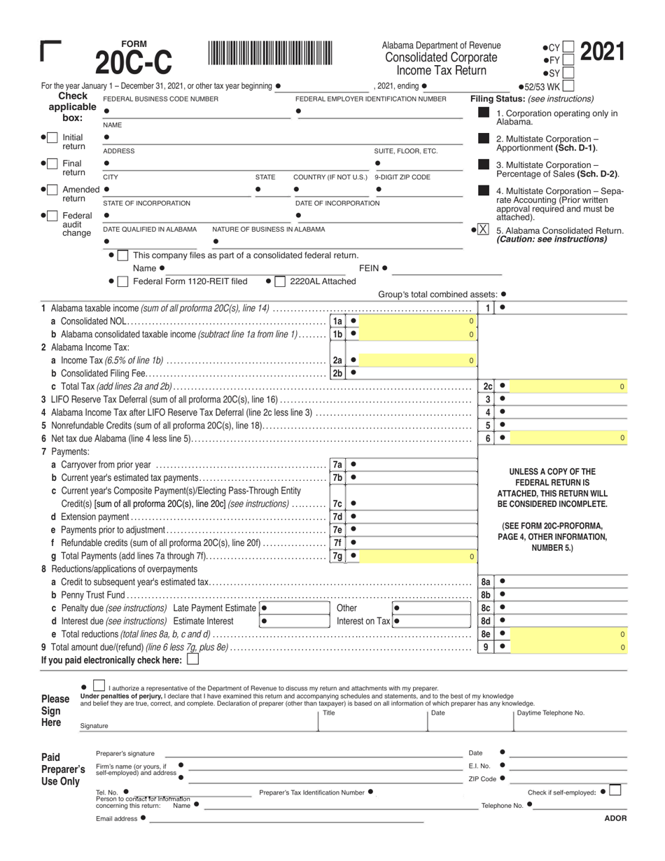 Form 20C-C Consolidated Corporate Income Tax Return - Alabama, Page 1
