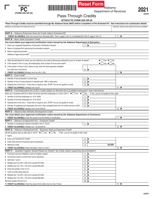 Form 20S (65) Schedule PC Pass-Through Credits - Alabama, 2021