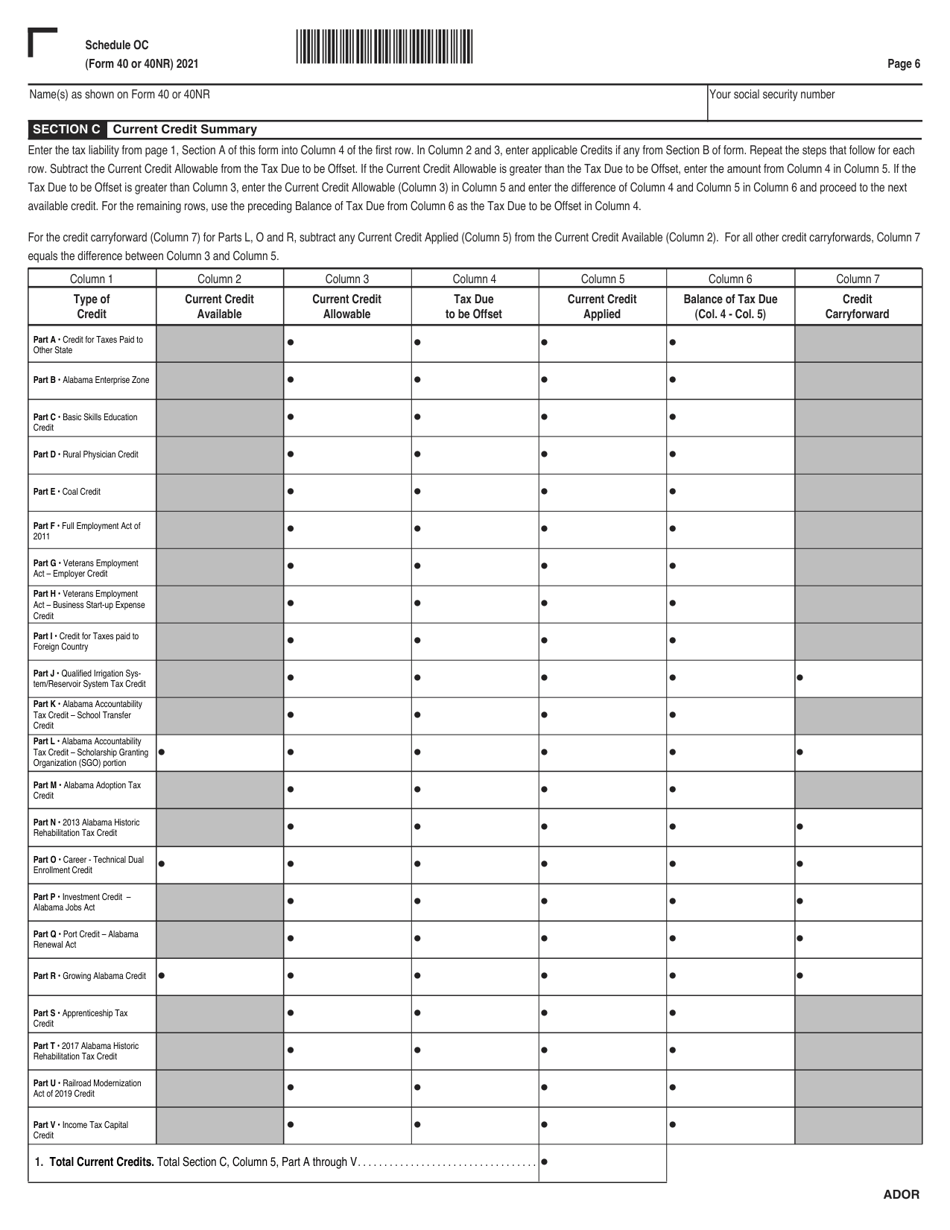 Form 40 (40NR) Schedule OC Other Available Credits - Alabama, Page 6