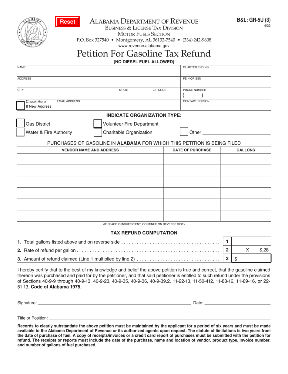 Form BL: GR-5U(3) Petition for Gasoline Tax Refund - Alabama, Page 1