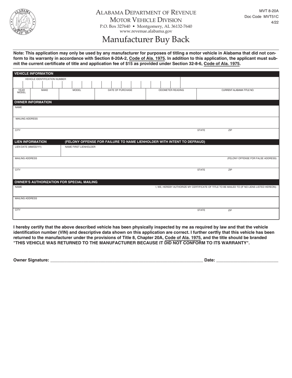 Form MVT8-20A Manufacturer Buy Back - Alabama, Page 1