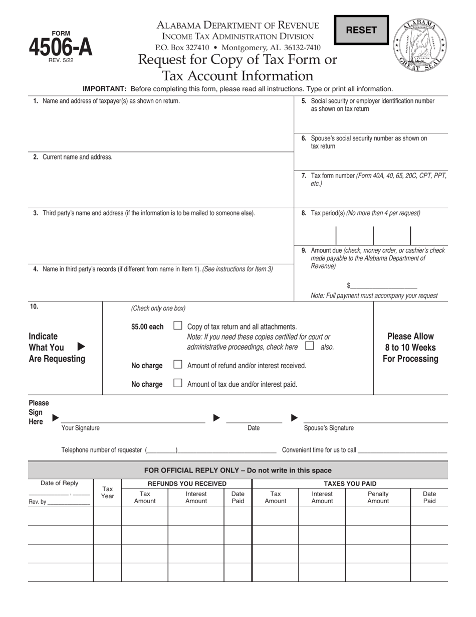Form 4506-A Request for Copy of Tax Form or Tax Account Information - Alabama, Page 1