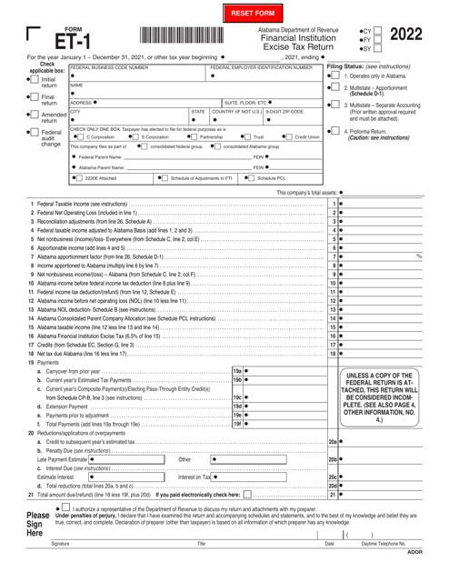 Form ET-1 Financial Institution Excise Tax Return - Alabama, 2022