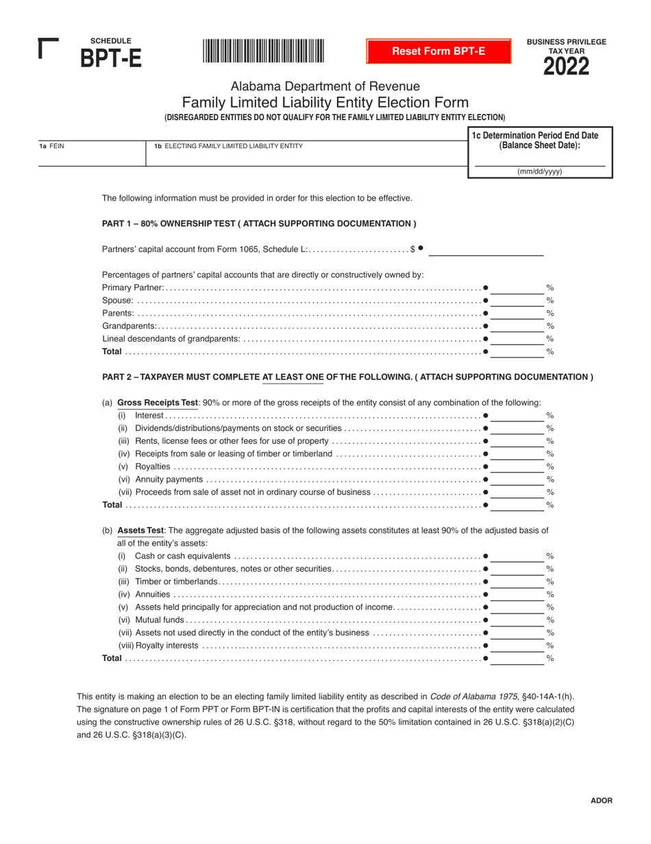Schedule BPT-E Family Limited Liability Entity Election Form - Alabama, Page 1