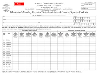 Document preview: Form TOB: T-WHSLE-CO Wholesaler's Monthly Report of State-Administered County Cigarette Products - Alabama