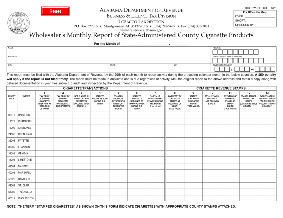 Form TOB: T-WHSLE-CO Wholesalers Monthly Report of State-Administered County Cigarette Products - Alabama, Page 1