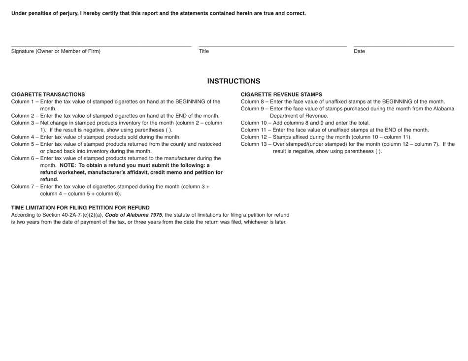 Form TOB: T-WHSLE-CO Wholesalers Monthly Report of State-Administered County Cigarette Products - Alabama, Page 2