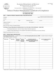 Document preview: Form TOB: TPM CERT Tobacco Product Manufacturer Certificate of Compliance (Including Importers) - Alabama, 2021