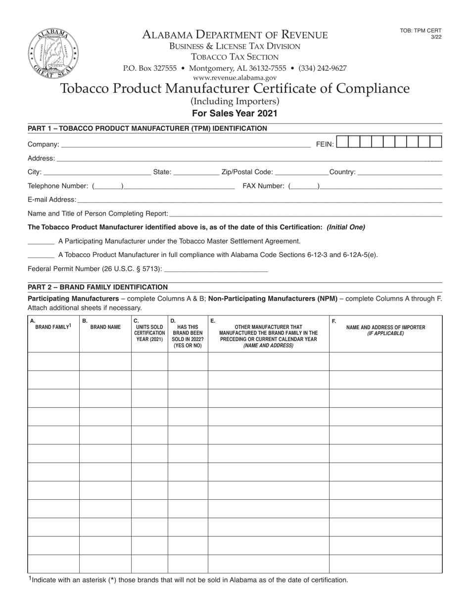 Form TOB: TPM CERT Tobacco Product Manufacturer Certificate of Compliance (Including Importers) - Alabama, Page 1