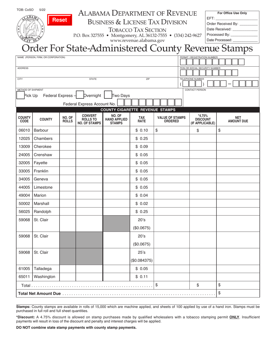 Form TOB: COSO Order for State-Administered County Revenue Stamps - Alabama, Page 1