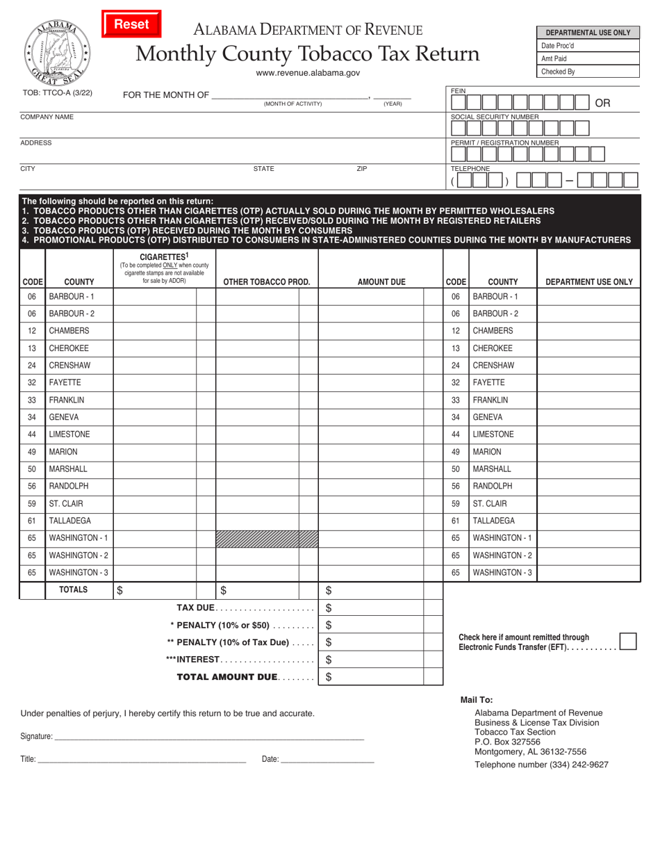 Form TOB: TTCO-A Monthly County Tobacco Tax Return - Alabama, Page 1