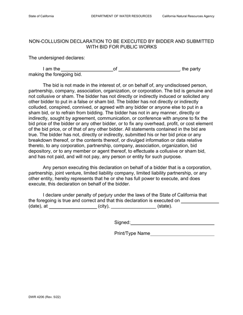 Form DWR4206 Non-conclusion Declaration to Be Executed by Bidder and Submitted With Bid for Public Works - California