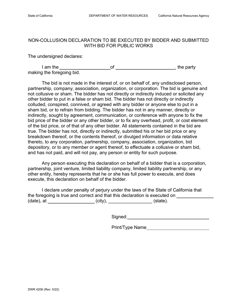 Form DWR4206 Non-conclusion Declaration to Be Executed by Bidder and Submitted With Bid for Public Works - California, Page 1
