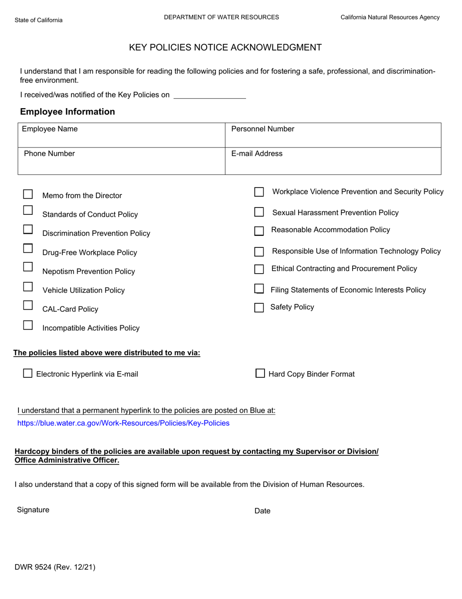 Form DWR9524 Key Policies Notice Acknowledgment - California, Page 1