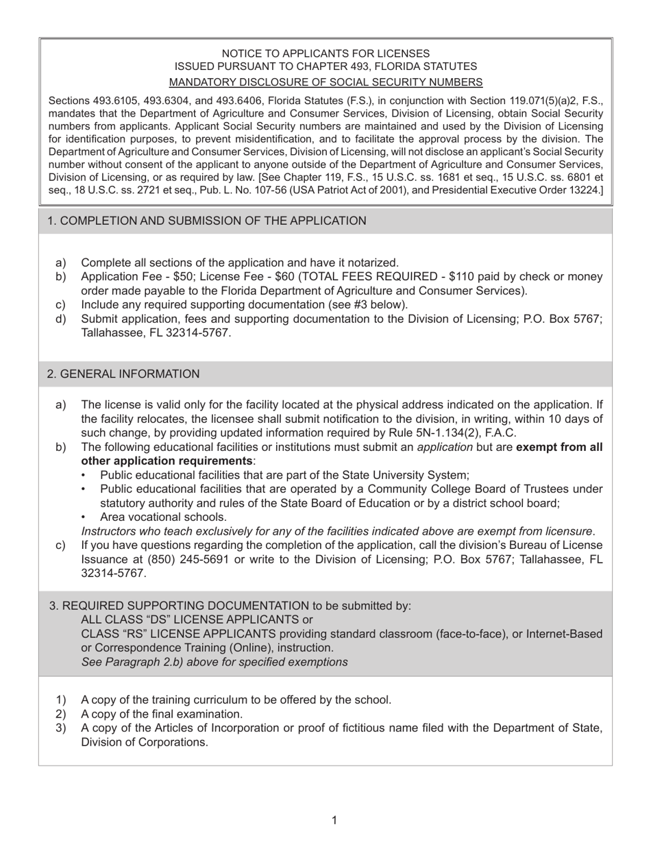 Form FDACS-16003 Application for Class ds Security Officer School or Training Facility License and Class rs Recovery Agent School or Training Facility License - Florida, Page 2