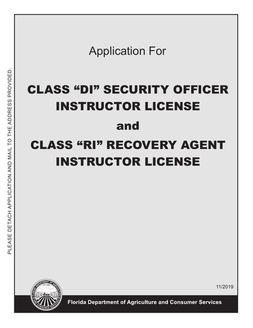 Form FDACS-16014 Application for Class "di" Security Officer Instructor License and Class "ri" Recovery Agent Instructor License - Florida