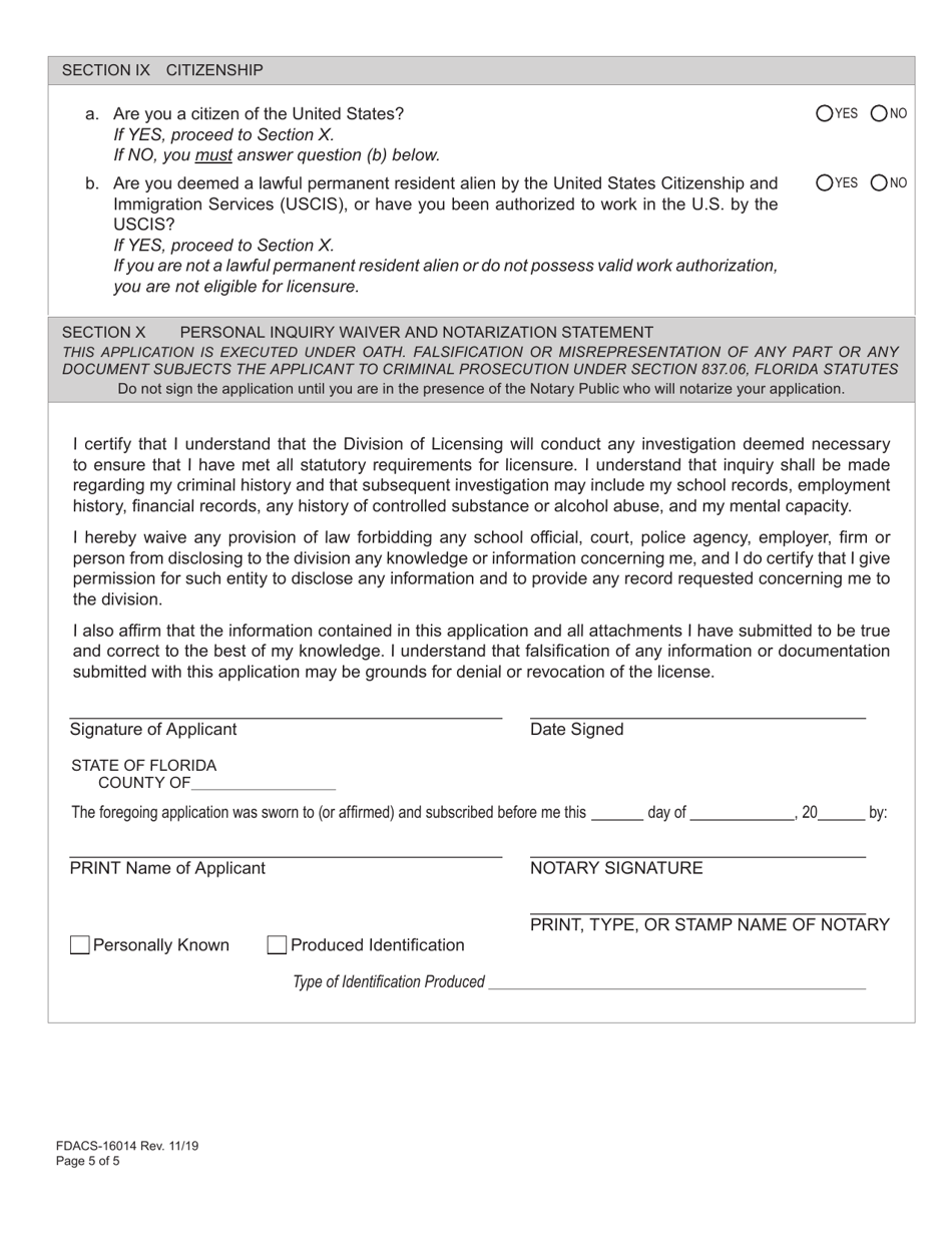 Form FDACS-16014 Download Printable PDF or Fill Online Application for ...