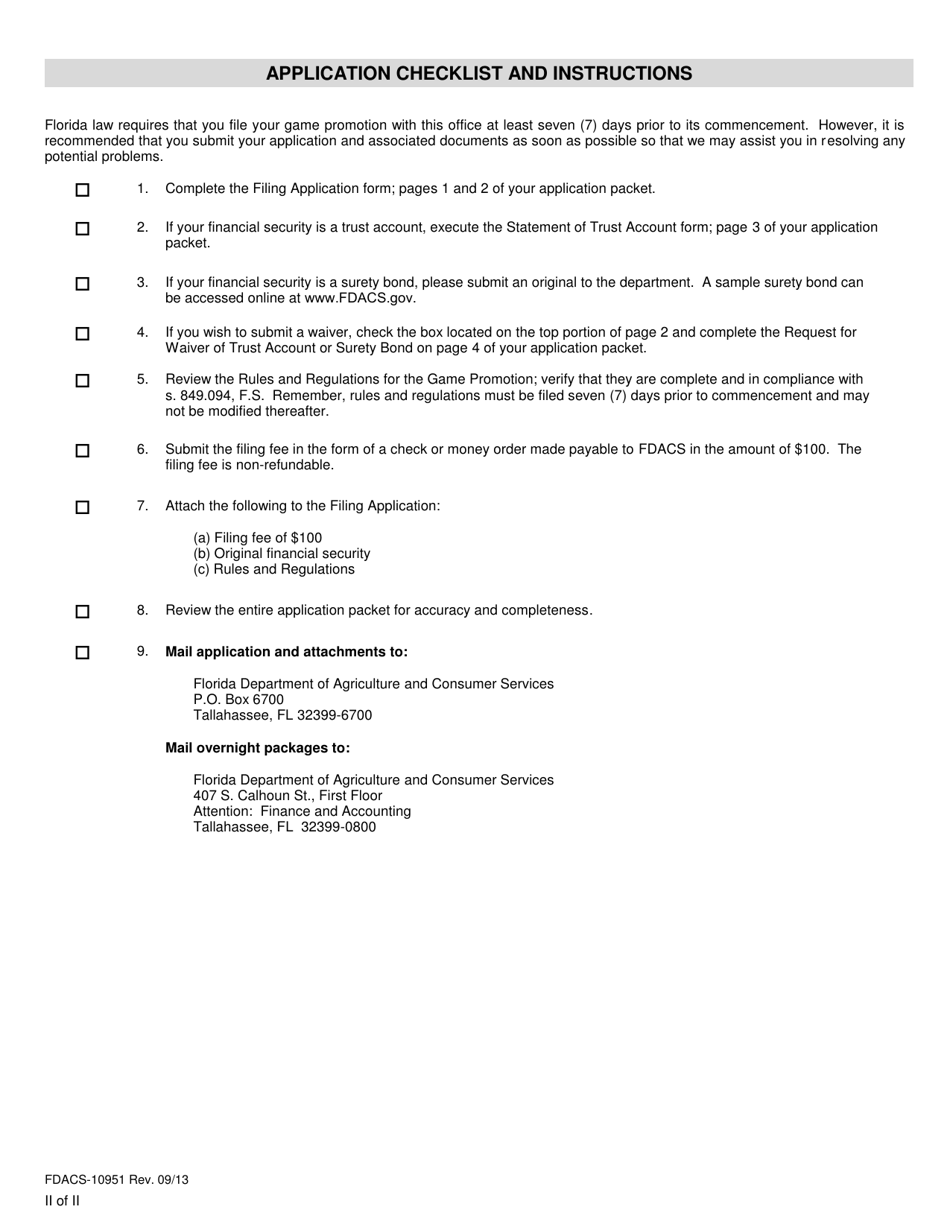 Form FDACS-10951 Game Promotion Filing Application - Florida, Page 3