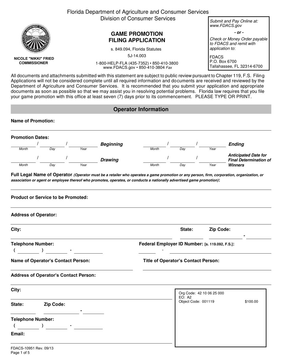 Form FDACS-10951 Game Promotion Filing Application - Florida, Page 4