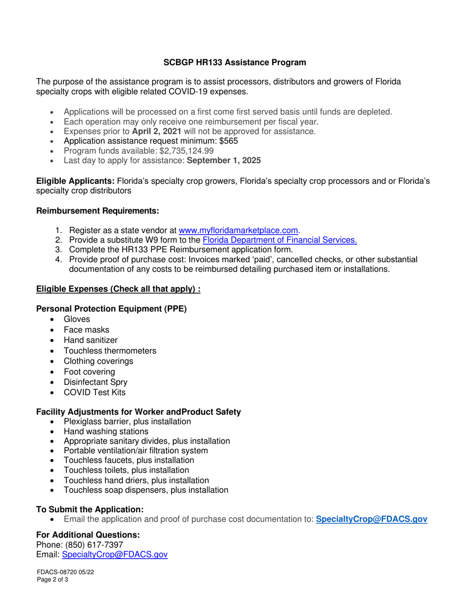 Form FDACS-08720 Scbgp Hr133 Assistance Program Application - Florida, Page 2