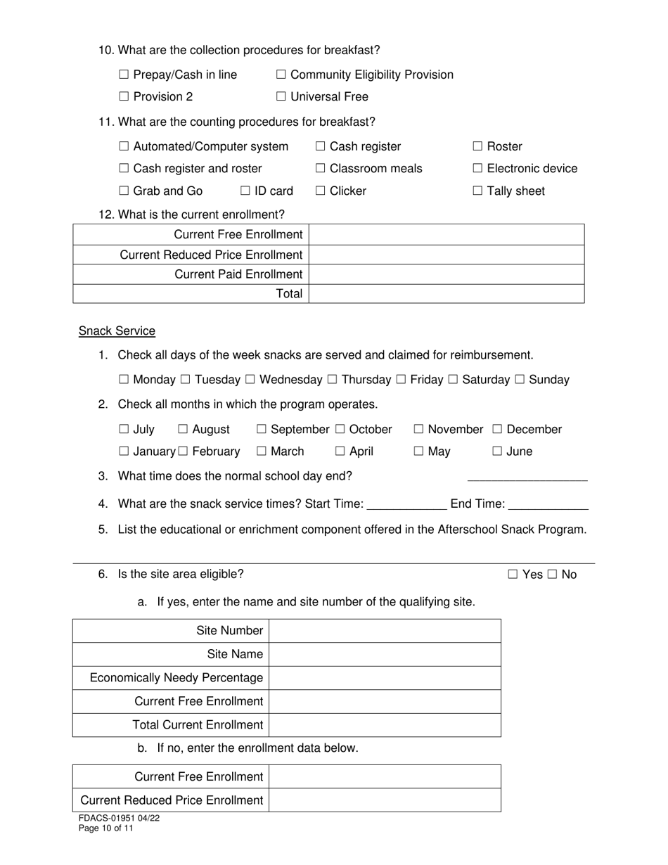 Form FDACS-01951 School Nutrition Programs Application - Florida, Page 10