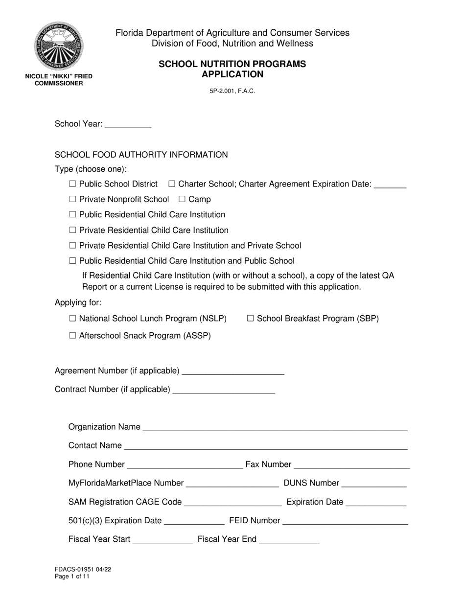 Form FDACS-01951 School Nutrition Programs Application - Florida, Page 1