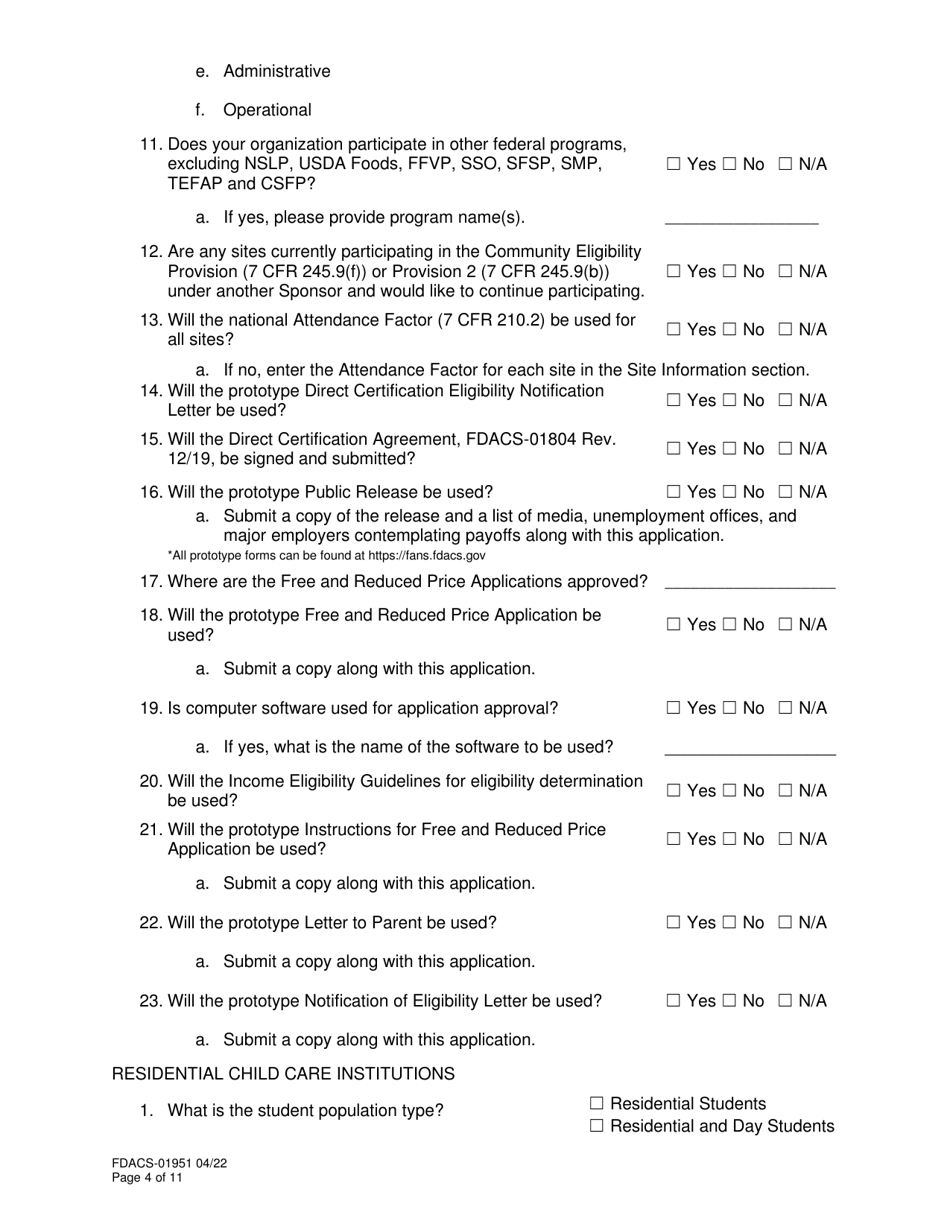 Form FDACS-01951 School Nutrition Programs Application - Florida, Page 4
