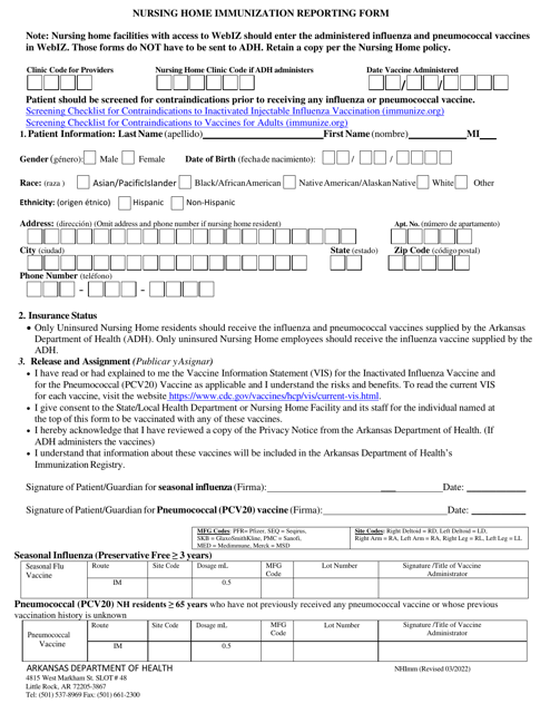 Nursing Home Immunization Reporting Form - Arkansas Download Pdf