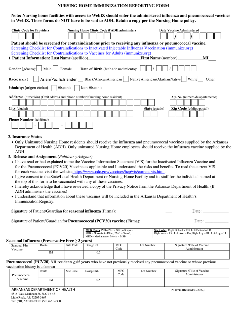 Arkansas Nursing Home Immunization Reporting Form Fill Out, Sign