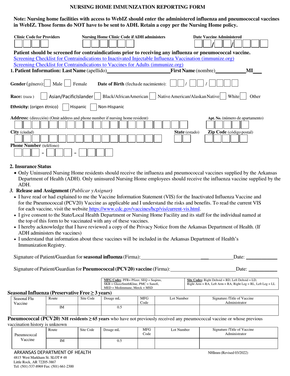 Nursing Home Immunization Reporting Form - Arkansas, Page 1