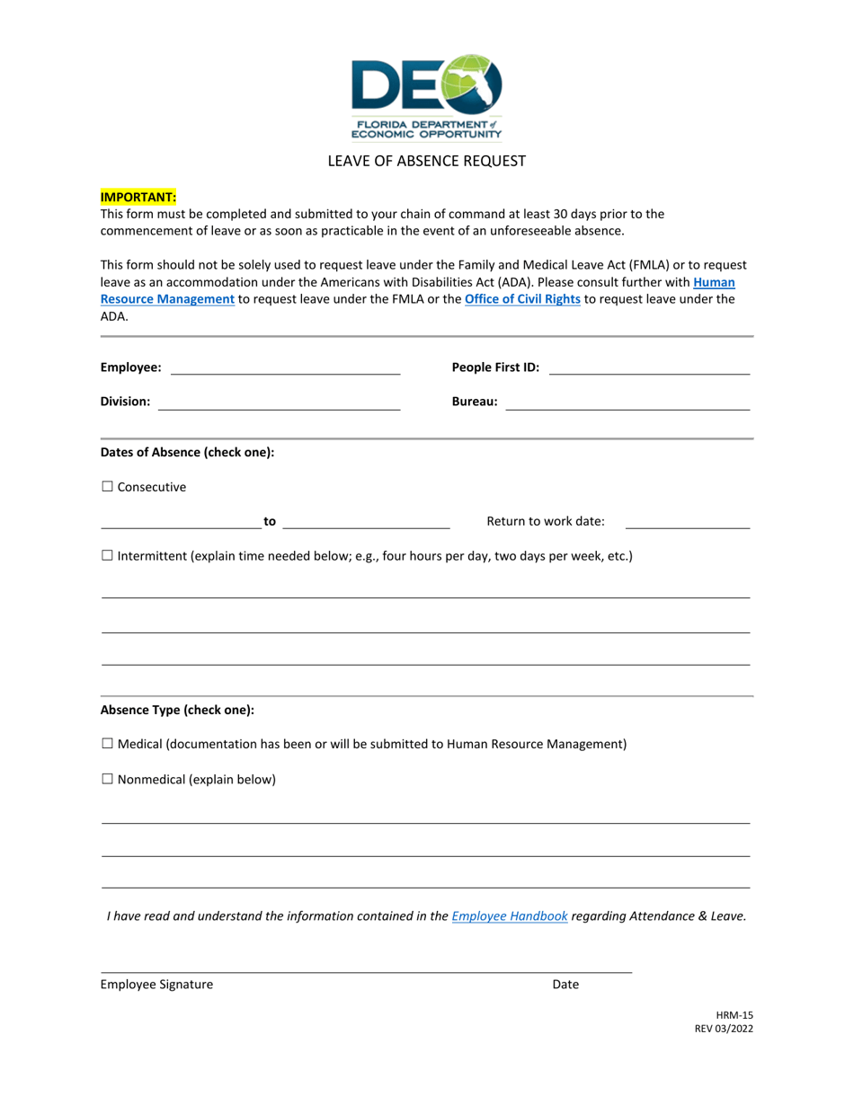Form HRM-15 Leave of Absence Request - Florida, Page 1